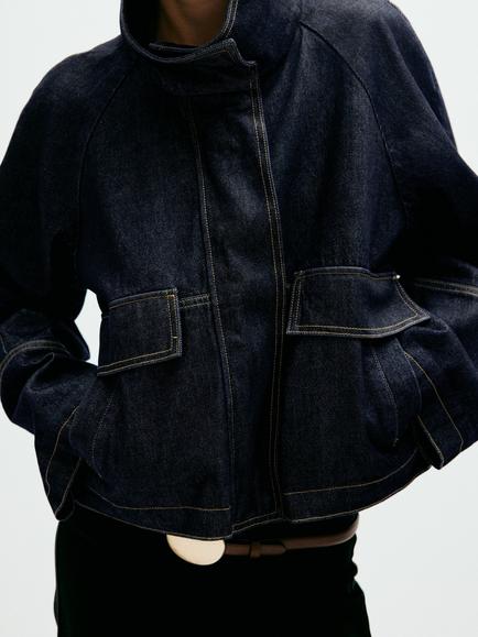 Mango Funnel Neck Cropped Jacket, Dark Blue - view 2, Dark Blue