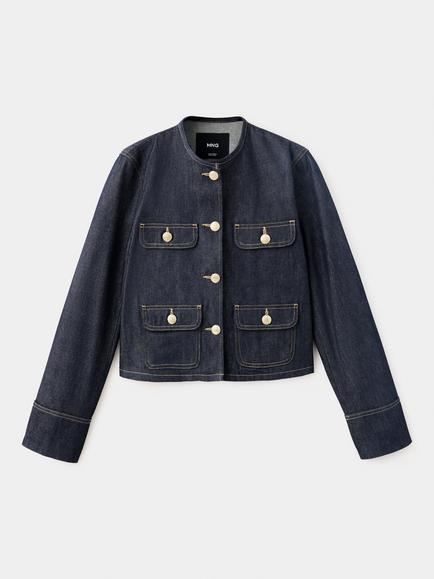 Mango Cropped Button Detail Denim Jacket, Indigo, Indigo
