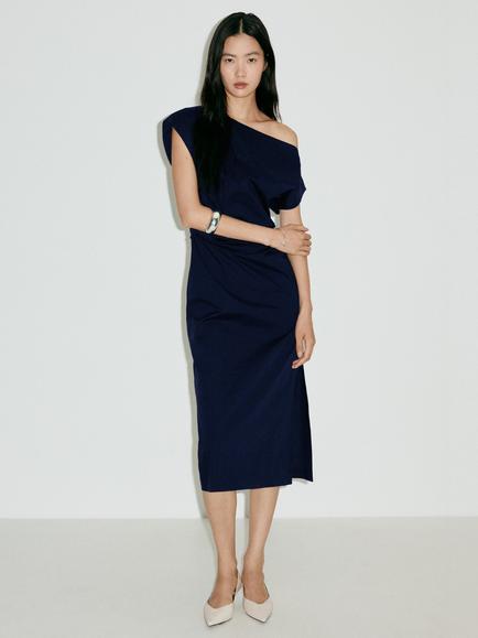 Mango Asymmetric Ruched One-Shoulder Dress, Blue, Blue