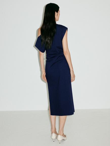 Mango Asymmetric Ruched One-Shoulder Dress, Blue - view 2, Blue