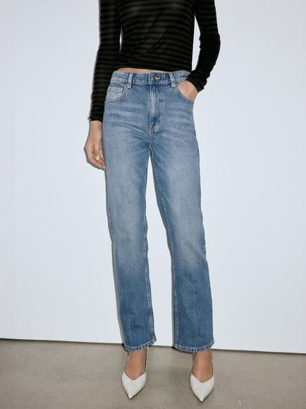 Mango High Rise Straight Fit Jeans, Mid Blue, Mid Blue