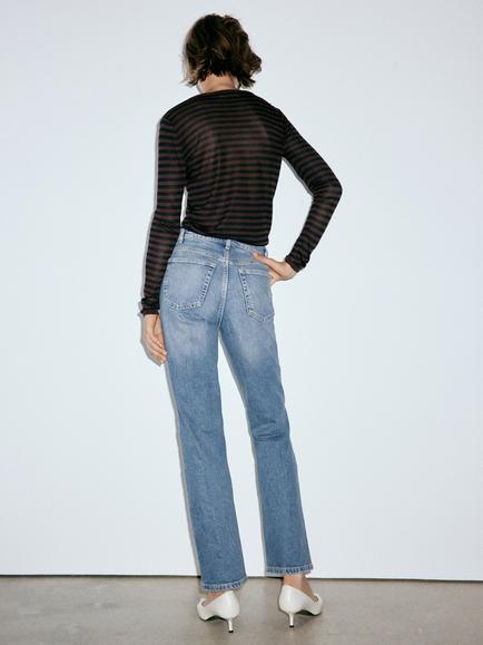 Mango High Rise Straight Fit Jeans, Mid Blue - view 2, Mid Blue