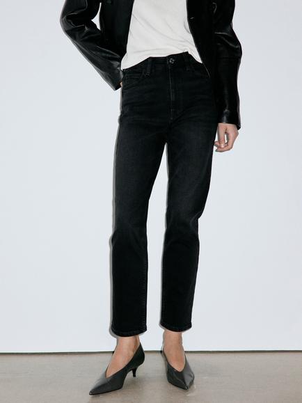 Mango Tejano High Rise Straight Leg Stretch Jeans, Black, Black