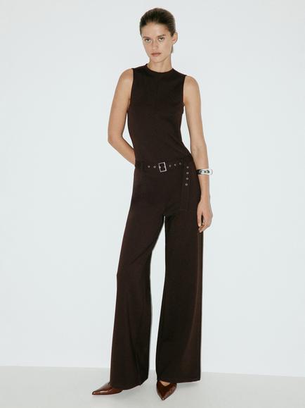 Mango High Neck Wide Leg Jumpsuit, Brown, Brown