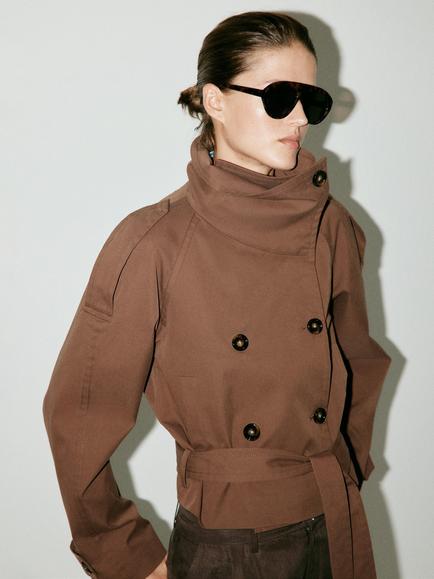 Mango Cropped Funnel Neck Trench Coat, Brown, Brown