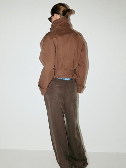 Mango Cropped Funnel Neck Trench Coat, Brown - view 2, Brown