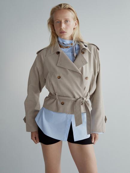 Mango Cropped Belted Trench Coat, Beige, Beige