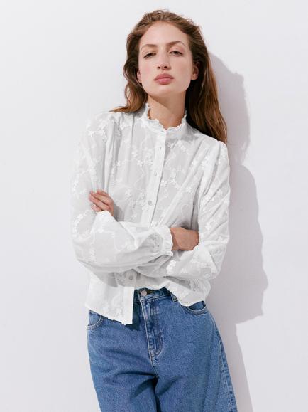 Mango Embroidered Balloon Sleeve Blouse, White, White