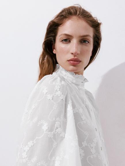 Mango Embroidered Balloon Sleeve Blouse, White - view 2, White
