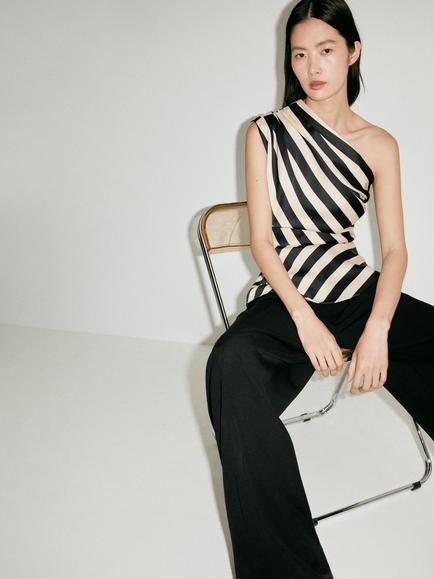 Mango Asymmetric One Shoulder Draped Blouse, Raw/Black, Raw/Black