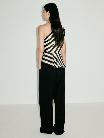 Mango Asymmetric One Shoulder Draped Blouse, Raw/Black - view 2, Raw/Black