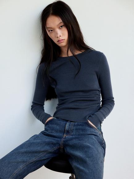 Mango Round Neck Ruched Ribbed Jumper, Petrol, Petrol