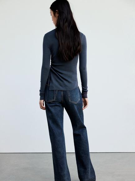 Mango Round Neck Ruched Ribbed Jumper, Petrol - view 2, Petrol