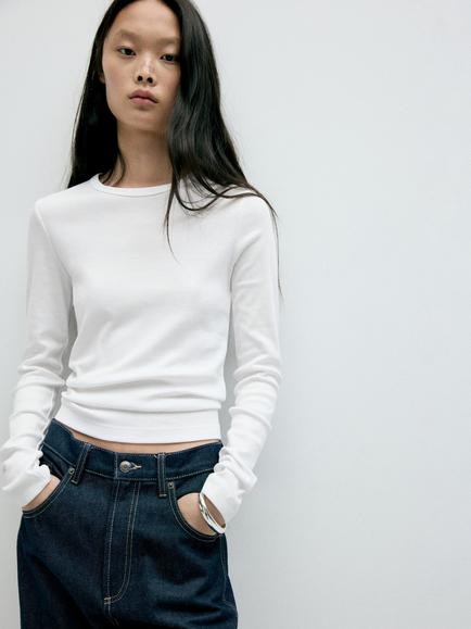 Mango Eni Cotton Long Sleeve Top, White