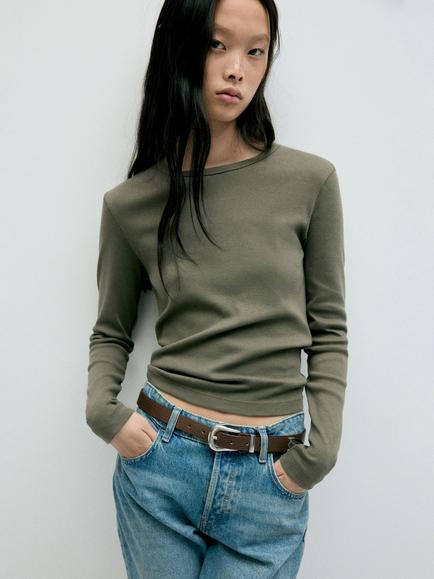 Mango Eni Cotton Long Sleeve Top, Khaki