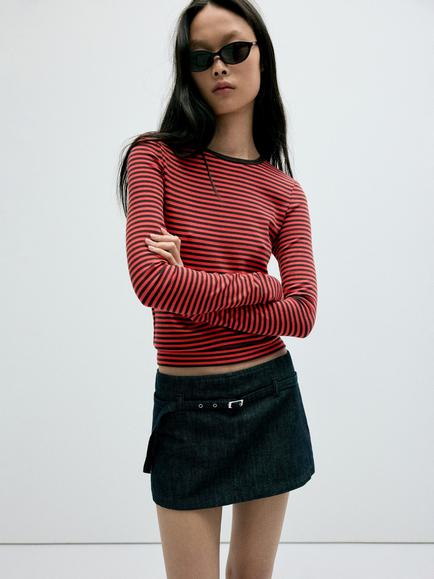 Mango Sculpted Striped Long Sleeve T-Shirt, Red, Red