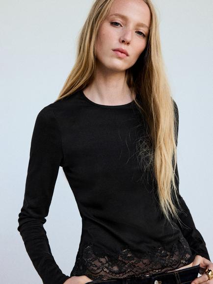 Mango Long Sleeve Lace Trim T-Shirt, Black, Black