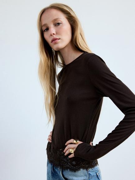 Mango Lace Hem Long Sleeve T-Shirt, Brown, Brown