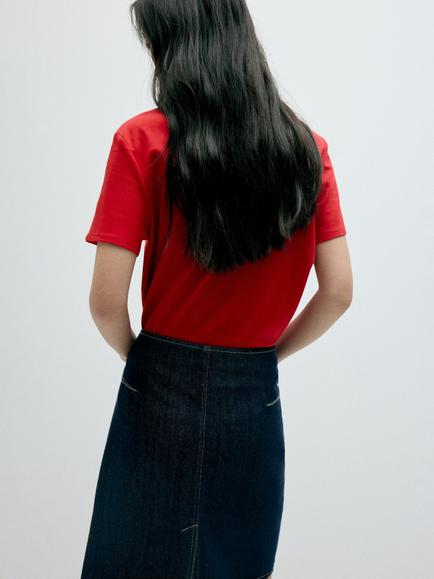 Mango Cotton Crew Neck T-Shirt, Red - view 2, Red