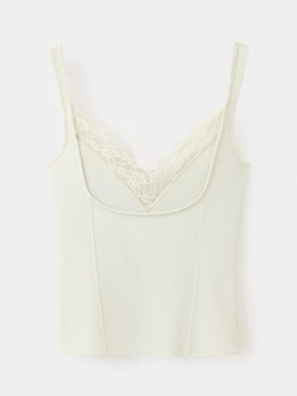 Mango Ribbed Lace V-Neck Camisole, Beige, Beige