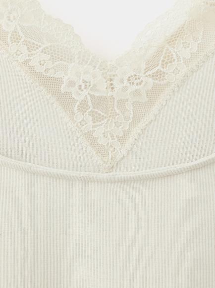 Mango Ribbed Lace V-Neck Camisole, Beige - view 2, Beige