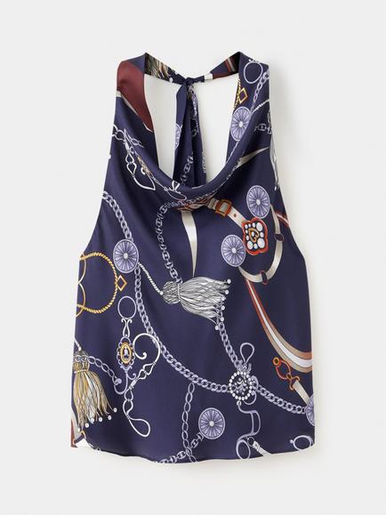 Mango Draped Halter Neck Printed Top, Navy, Navy
