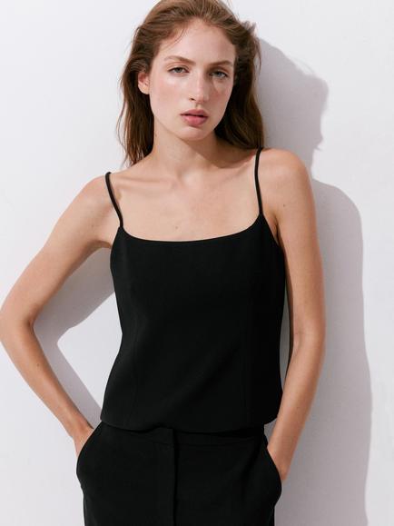 Mango Square Neck Cropped Cami Top, Black, Black