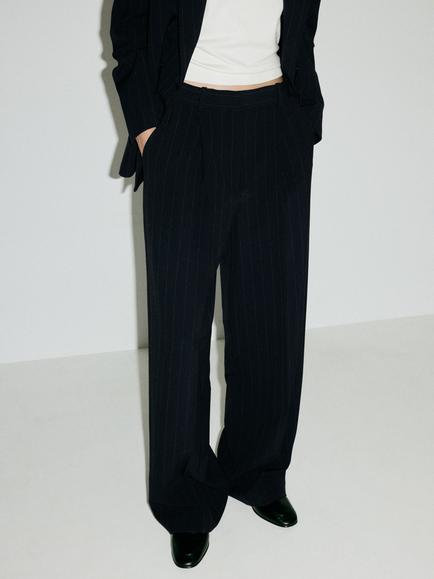 Mango Mid-Rise Tailored Pinstripe Trousers, Navy, Navy