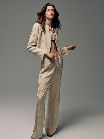 Mango Floral Mid Rise Wide Leg Devore Trousers, Raw, Raw