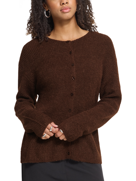ICHI Ihkamara Round Neck Cardigan, Chicory Coffee, Chicory Coffee