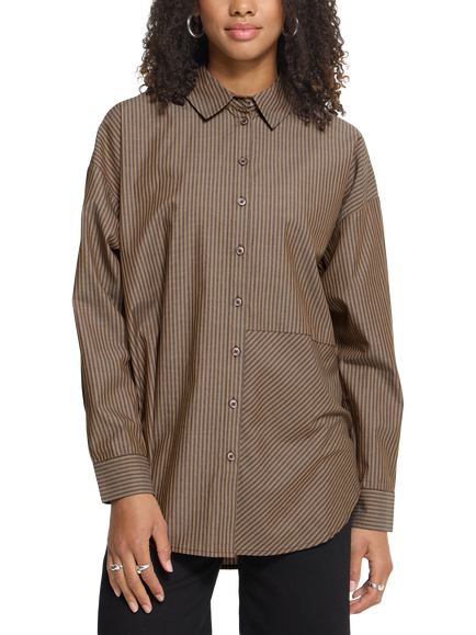 ICHI Ihgarmi Striped Long Sleeve Relaxed Fit Shirt, Chicory Coffee/Toa, Chicory Coffee/Toa