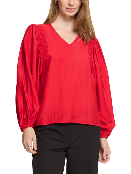 ICHI Ihimelda Textured Long Sleeve V-Neck Top, Poinsettia, Poinsettia