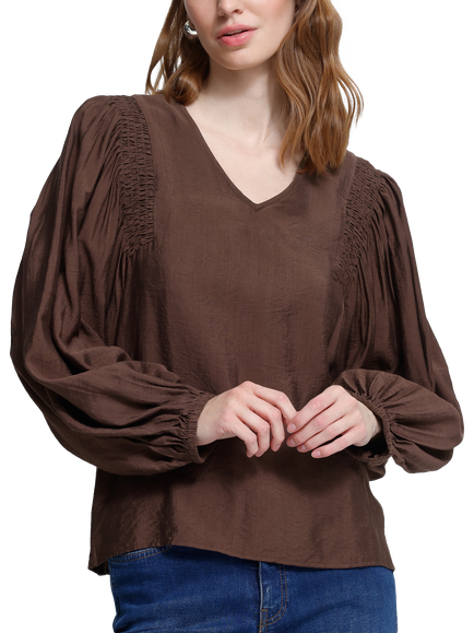 ICHI Ihimelda Textured Long Sleeve V-Neck Top, Chicory Coffee, Chicory Coffee