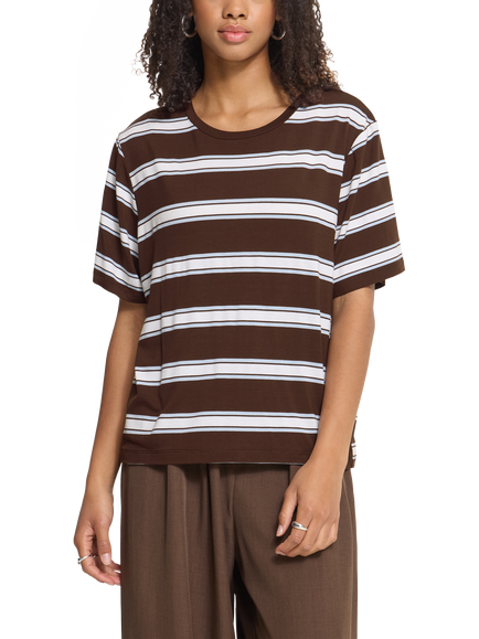 ICHI Ihrebetta Stripe Short Sleeve T-Shirt, Chicory Coffee/Cel, Chicory Coffee / Cel