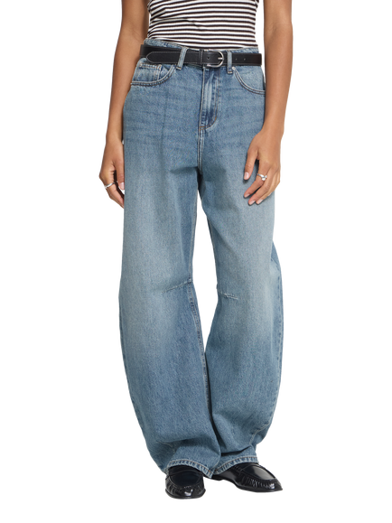 ICHI Ihmilana Mid Rise Wide Leg Sculpted Waist Jeans, Washed Med Blue, Washed Med. Blue