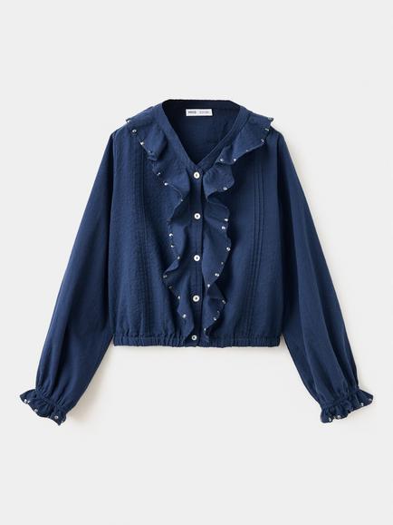 Mango Kids' Cotton Sequin Ruffle Blouse, Navy, Navy