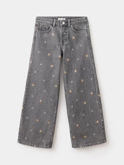 Mango Kids' High Rise Wide Leg Embroidered Jeans, Grey, Grey