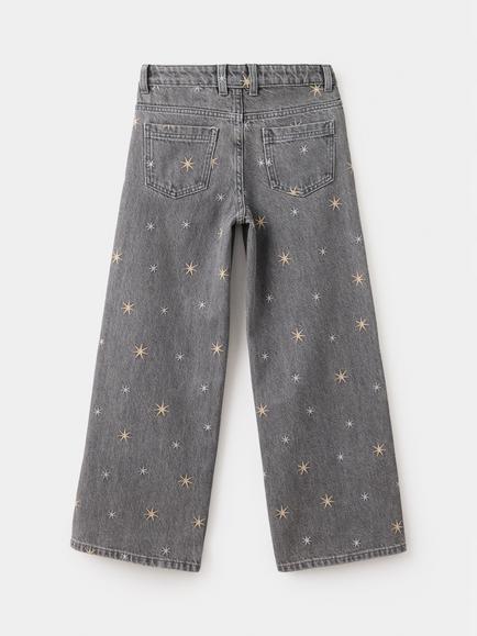 Mango Kids' High Rise Wide Leg Embroidered Jeans, Grey - view 2, Grey