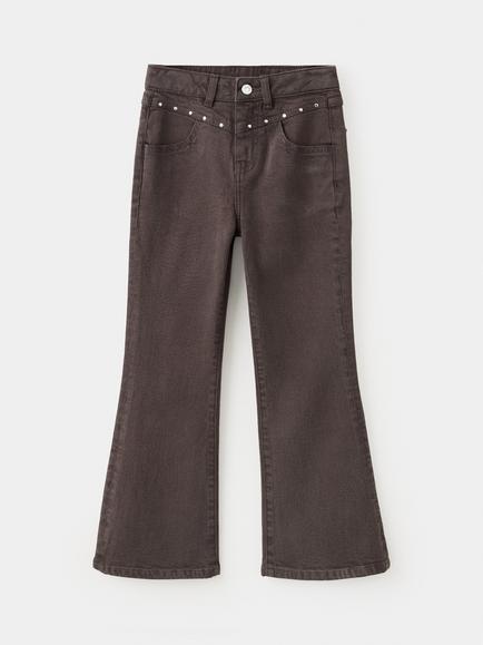 Mango Kids' Mid-Rise Studded Flared Jeans, Chocolate, Chocolate