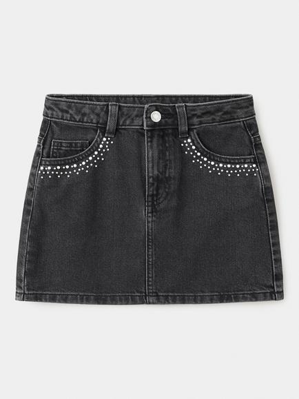 Mango Kids' High Rise Embellished Denim Mini Skirt, Black, Black