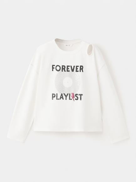Mango Kids' Playlist Shoulder Cut Out Graphic T-Shirt, Off White, Off White