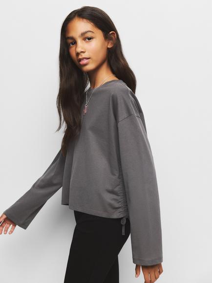 Mango Kids' Camiseta Relaxed Ruched Tie Side T-Shirt, Anthracite