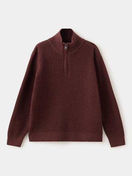 Mango Kids' Textured  Zip Neck Knitted Jumper, Bordeaux, Bordeaux
