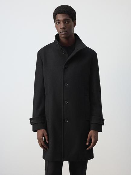 Mango Wool Blend Funnel Neck Overcoat, Black, Black