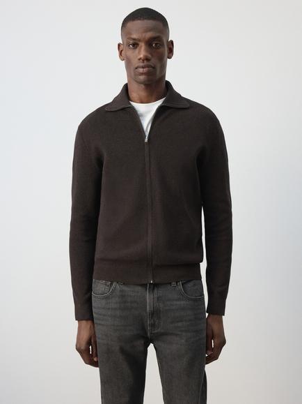 Mango Zip Neck Knitted Cardigan, Chocolate