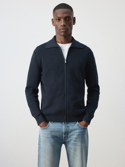 Mango Zip Neck Knitted Cardigan, Navy