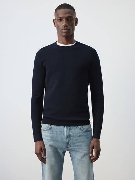Mango Cotton Rich Crew Neck Jumper, Navy