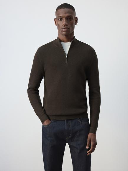 Mango Cotton Rich Half Zip Neck Jumper, Brown