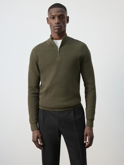 Mango Cotton Rich Half Zip Neck Jumper, Olive