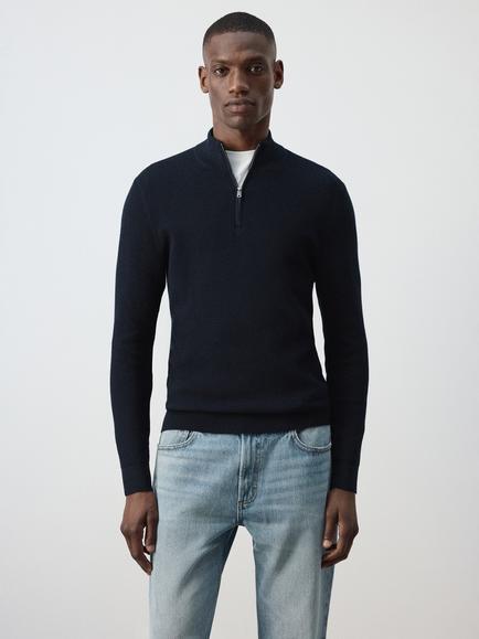Mango Cotton Rich Half Zip Neck Jumper, Navy
